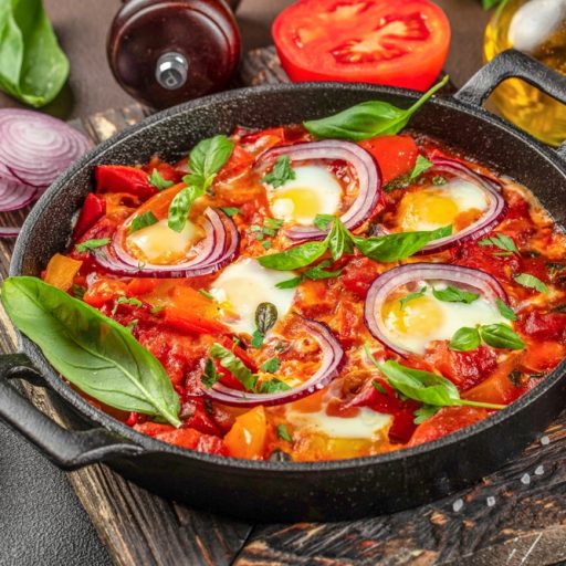 Shakshuka,,Fried,Eggs,In,Tomato,Sauce,In,Iron,Frying,Pan,