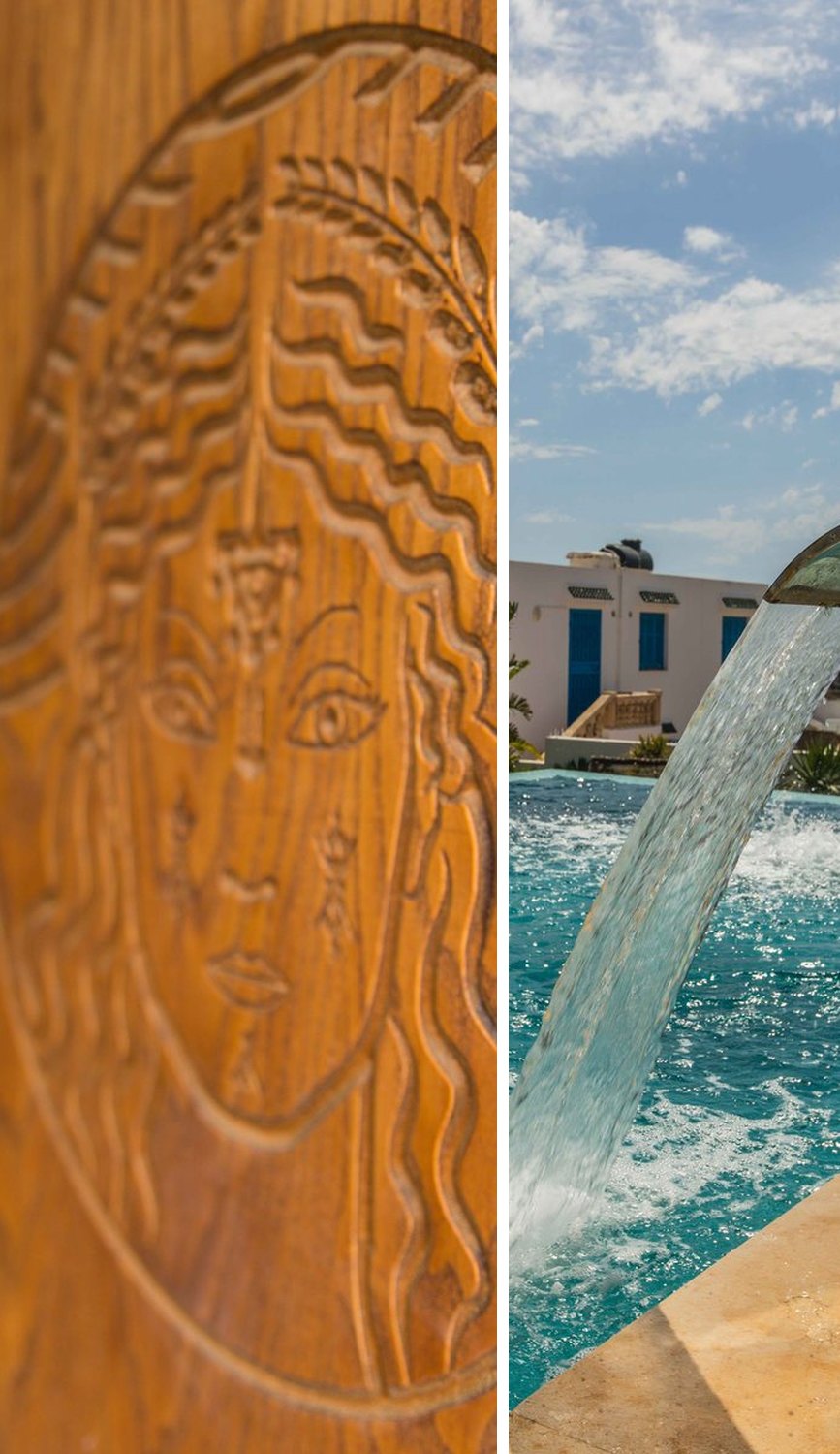 Porte sculptée et piscine à cascade de Dar Lina, Villa Bella Lina à El Haouaria